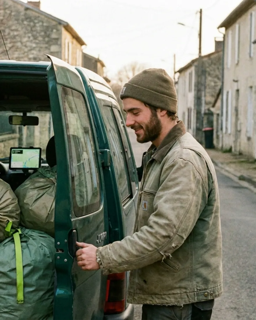 Collecteur indépendant sur la route entre deux missions d'enlèvement de déchets
