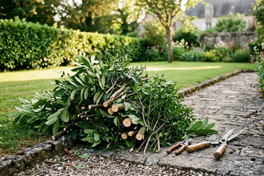 Fagots de branches et tailles de haie empilés au bord d'une allée de jardin