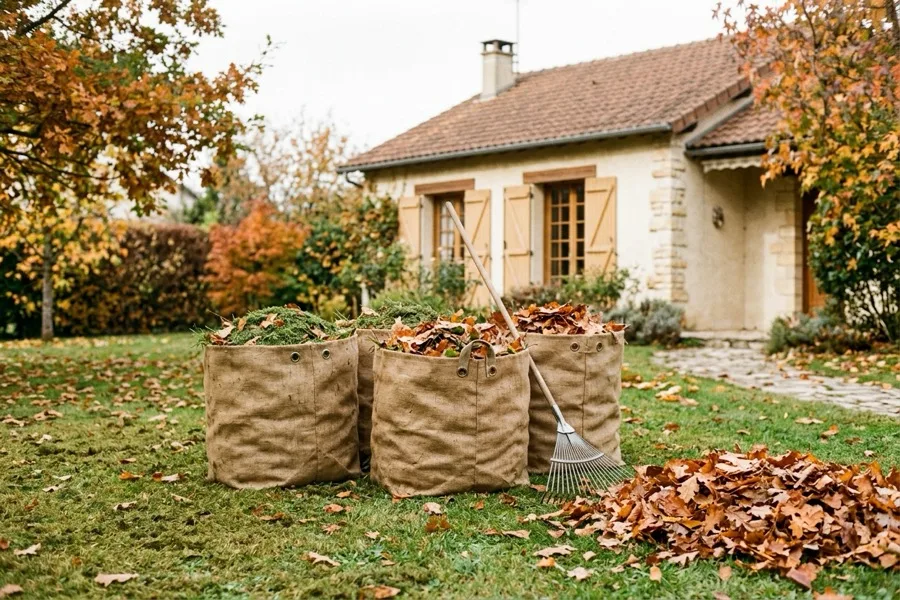 Sacs de jardin remplis de tonte de gazon et de feuilles mortes sur une pelouse
