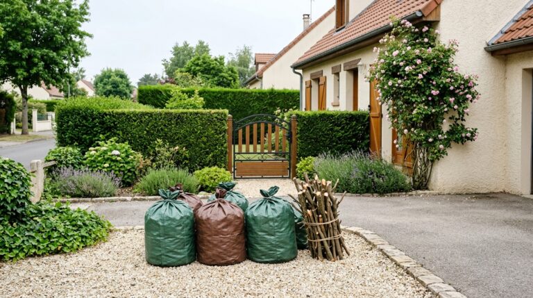 Sacs de déchets verts et fagot de branches alignés devant une maison