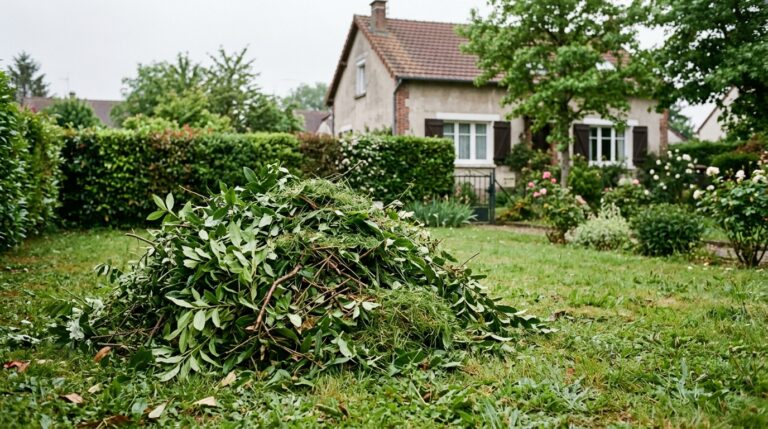 Branches, tonte et résidus de taille entassés sur une pelouse devant une maison