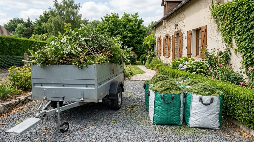 Une remorque remplie de branches à côté de sacs de tonte, pour comparer les volumes