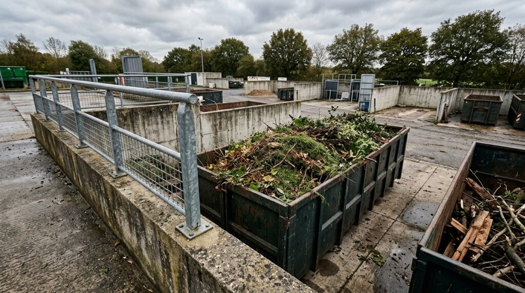 Benne de déchets verts vue depuis le quai d’une déchèterie