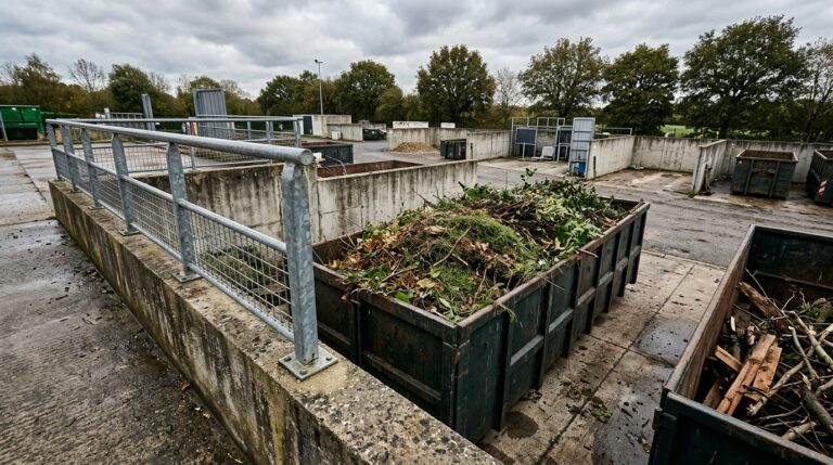 Benne de déchets verts vue depuis le quai d’une déchèterie