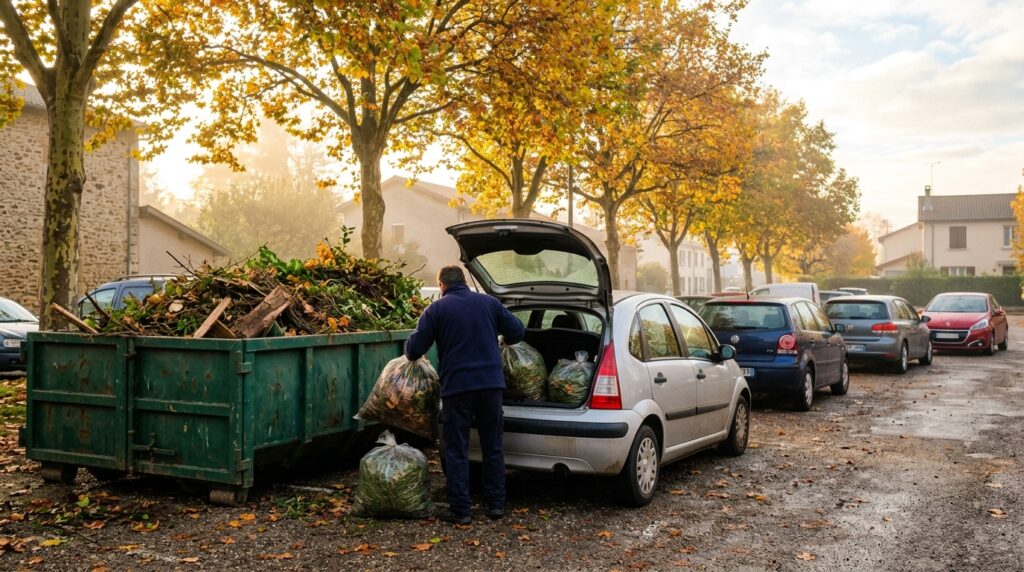 Point de collecte de déchets verts un samedi d'automne dans une commune de la Métropole de Lyon