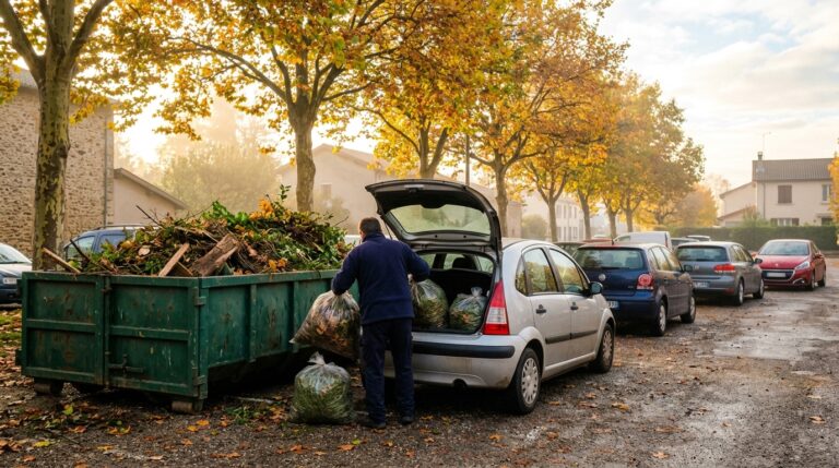 Point de collecte de déchets verts un samedi d'automne dans une commune de la Métropole de Lyon