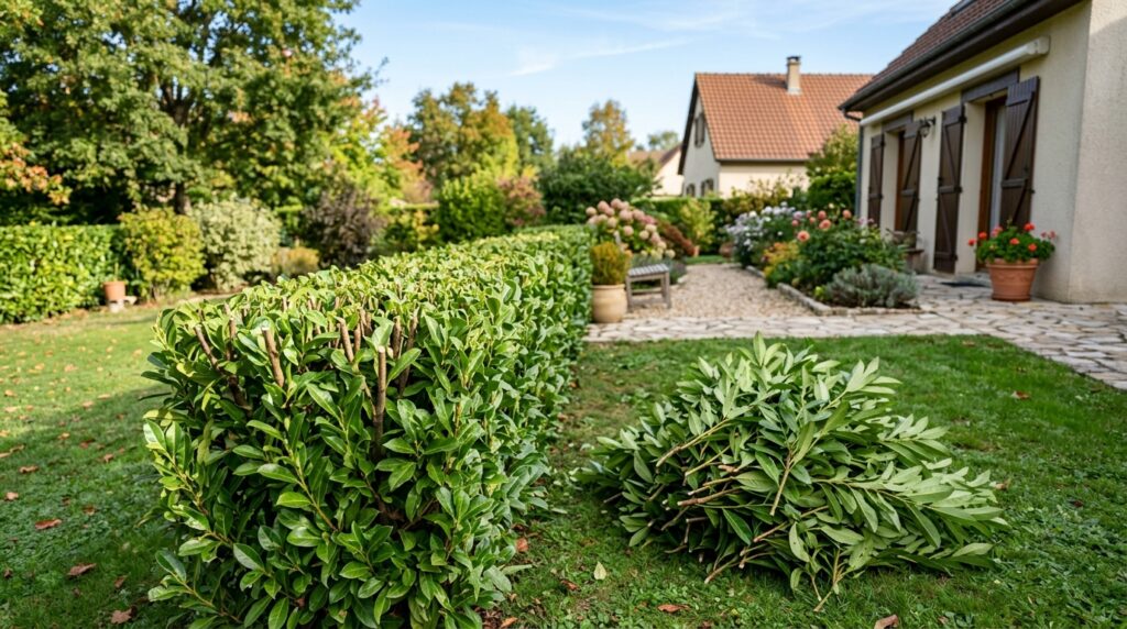 Haie de laurier fraîchement taillée dans un jardin, avec le tas de branches coupées posé sur la pelouse
