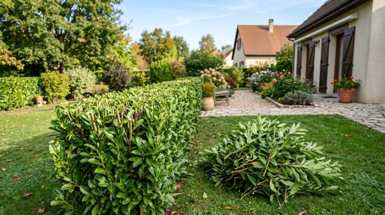Haie de laurier fraîchement taillée dans un jardin, avec le tas de branches coupées posé sur la pelouse